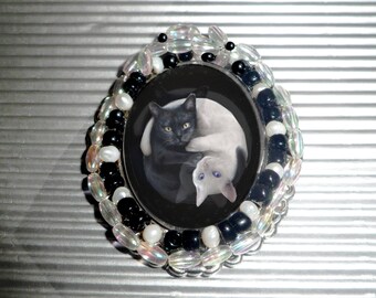 Brooch large baroque or Medallion with cat: black cat, white cat