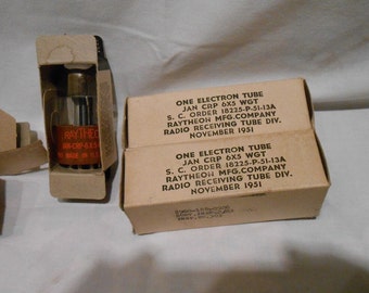 Vintage electron radio tubes Raytheon 6x5 WGT new old stock 1950s radio tubes military packaging for Viet Nam era militaria