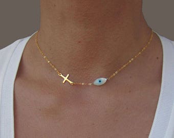 Evil Eye Necklace with Cross, Gold Cross Necklace Woman, Dainty Eye Necklace, Gift For Her, Protection Necklace, Birthday Gift for Niece