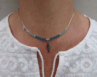 Crew neck turquoise refined sterling silver feather, Swarovski Crystal, Bohemian, blue, thin, discreet necklace, necklace