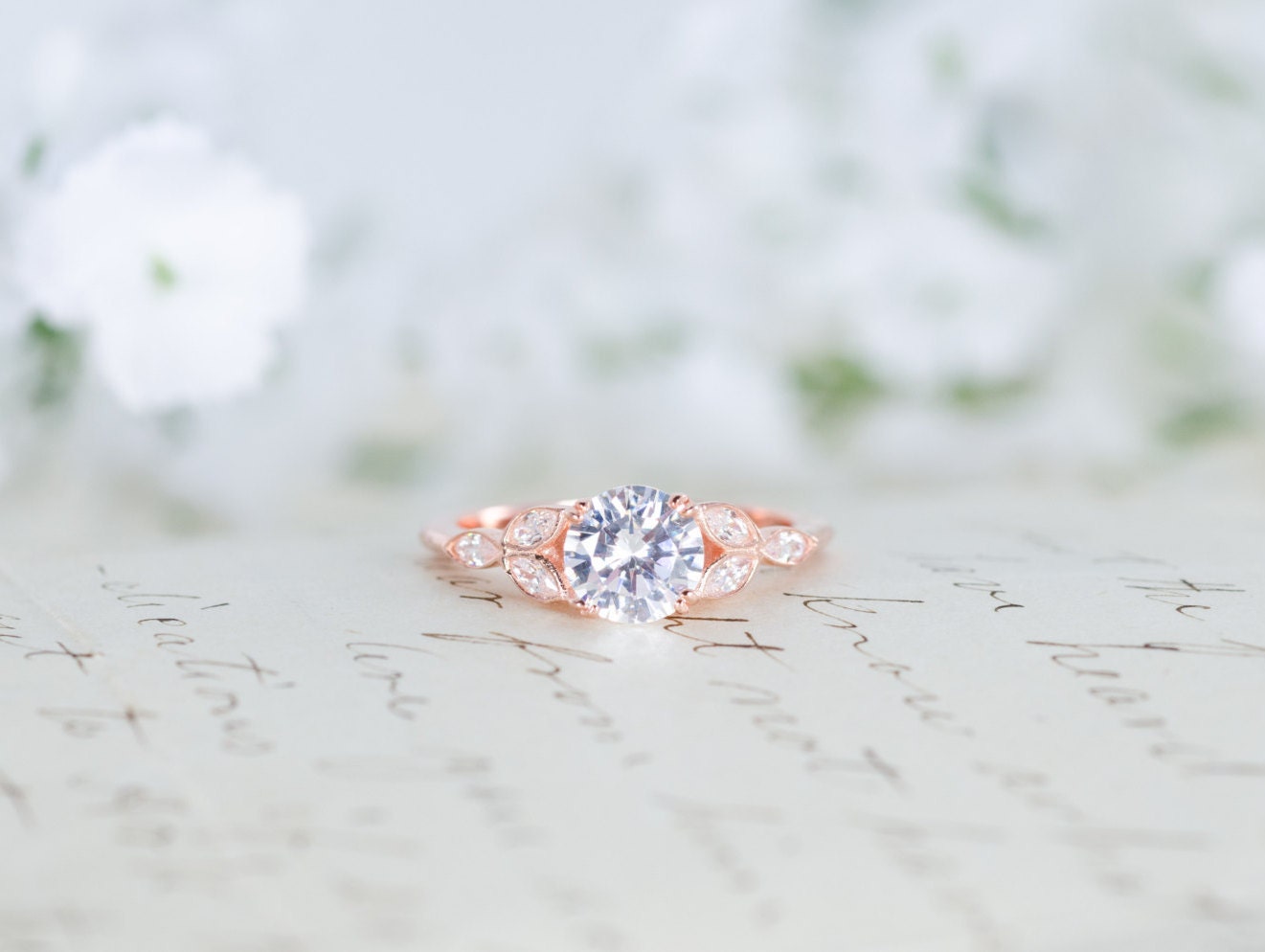 Rose Gold Engagement Ring Art Deco Ring Vintage Wedding