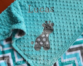 Baby blanket Personalized with name- giraffe baby blanket topaz and grey chevron baby- large stroller blanket toddler