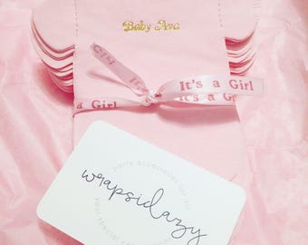 Baby shower personalized gold foil napkins. Pack of 30. Baby shirt or bib shaped!