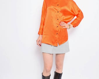 Vintage 90's Orange Silk Shirt / Batwing Orange Button Blouse - Size Small