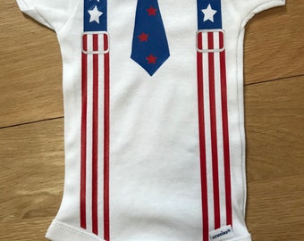 4th of July Suspenders & Tie Baby Onezie ... FREE Personalization Shower Gift NB - 18 mo.