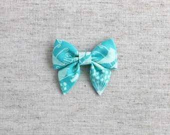 Turquoise Damask - Mini Sailor Bow - hair clip or baby nylon headband