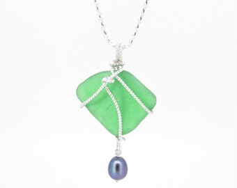 Green Seaglass Necklace with Pearl