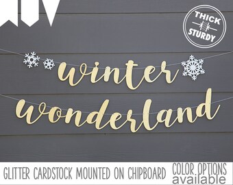 winter wonderland banner, with snowflakes, christmas banner, glitter party decorations, cursive banner
