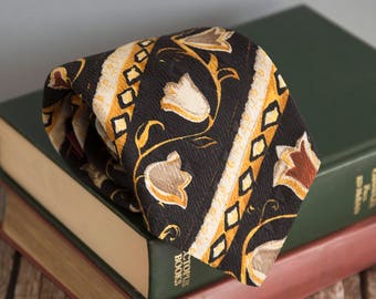 Vintage silk tie, altea milano mens necktie, silk neck tie, floral cravat cravatte / black brown gold