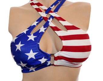 USA Flag Bikini Top - High Neck Double Criss/Cross with support