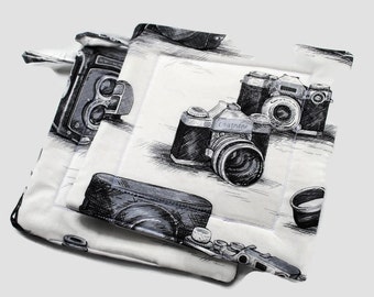 Handmade Quilted Pot Holders Set of 2 Cameras White Black Potholders
