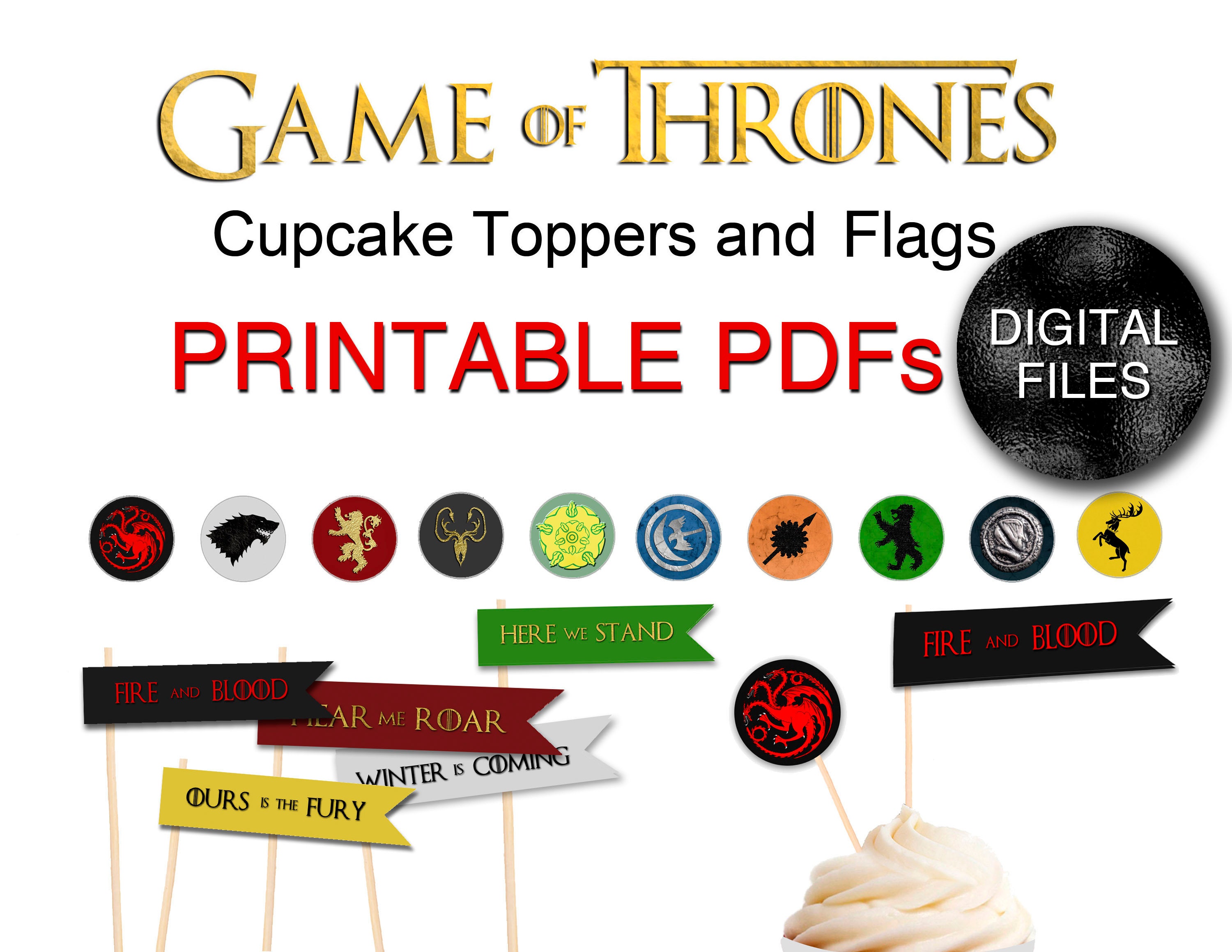 Printable Game of Thrones Cupcake Flags and Toppers Party