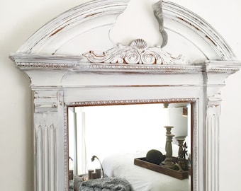 Large Wall Mirror, Baroque Wall Mirror, Distressed Mirror, Living Room Decor, White Wood Shabby Chic Mirror, Ornate Mirror, White Mirror