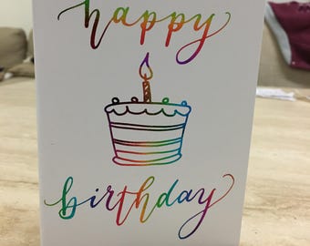 Happy Birthday Greeting Card with cake - customisable hand lettering, foiled