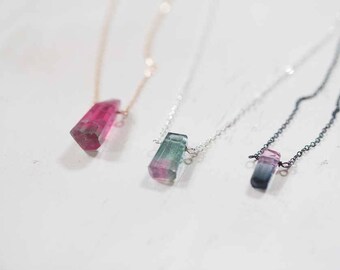 Bicolor Tourmaline Crystal Necklace on Sterling Silver, Oxidized Silver or Rose Gold Filled Chain, Raw Watermelon Tourmaline Jewelry