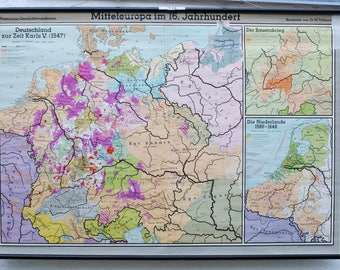 German vintage school wall map "Central Europe in the 16th century"