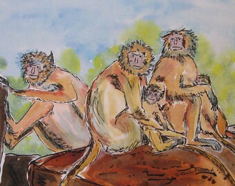 Monkey art, monkey family, zoo art, nursery decor, zoo animals, red monkeys, monkey illustration, safari art! OOAK, mat 8x10 not a print!