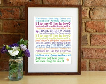 Snow Patrol - Chasing Cars - 8x10 inch Lyrics Print - Wedding Gift