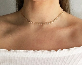 Beaded rose gold choker, gold choker necklace, layered gold chokers, layered gold necklace, beaded necklace, drop choker by Serenity Project