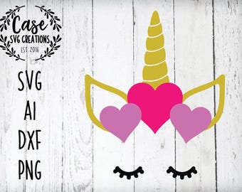 Unicorn Face Valentine's Day SVG Cutting FIle, AI, Dxf and Printable PNG Files | Instant Download | Cricut and Silhouette | Heart | Love