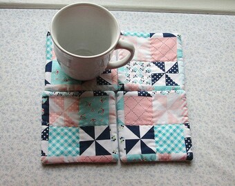 blue and peach country squares fabric hand quilted set of mug rugs coasters