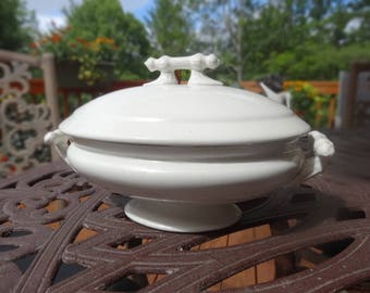 Antique White Ironstone Vegetable Server, Bar Finial and Handles, Vintage Dining, English Cottage, Farmhouse Decor Vintage Decor