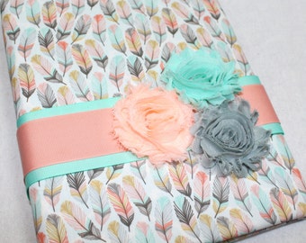 Boho Baby Journal / Baby Milestone Book / Baby Book with Feathers / Coral and Mint Baby Memory Book / Baby Milestone Book / Baby Girl Book
