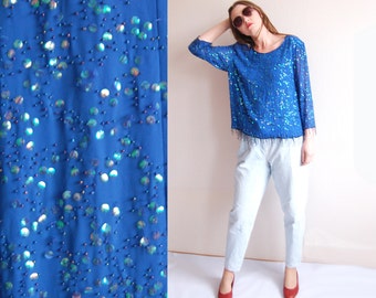 Vintage Women Indigo blue Sequin Heavy Embellished Evening Top Blouse /1980s Woman Clothing Party Evening Embellishments Beaded M L Vtg