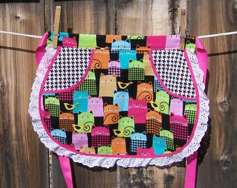 Colorful Cats Retro Half Apron with Lace - Multi Color Cat Apron - Girl Size 5 to 6