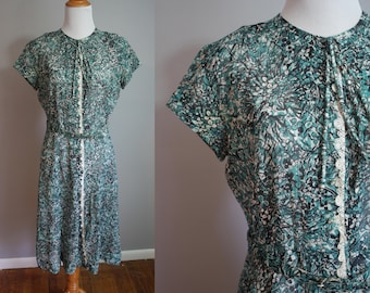 1950's Sheer Teal Floral Dress // Small