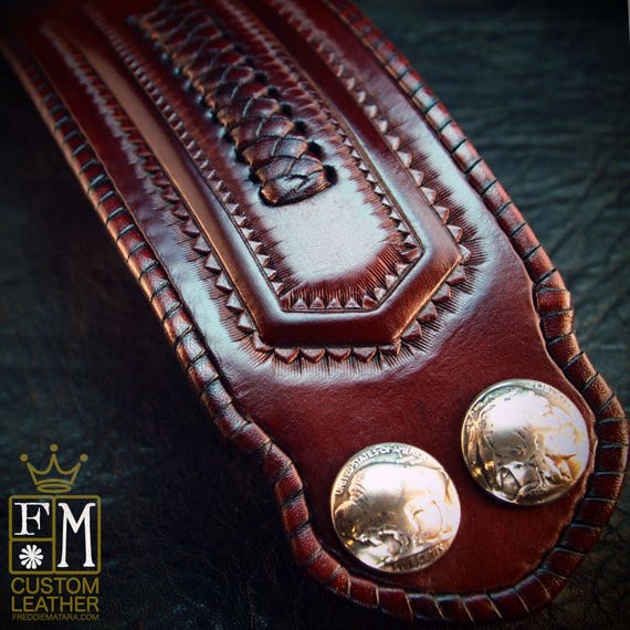 Leather cuff wristband Native Western style hand tooled with kangaroo lace and Buffalo nickels handmade for YOU in USA by Freddie Matara