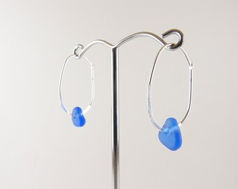 Cobalt Blue Recycled Australian Sea Glass Hoop Earrings 925 Sterling Silver
