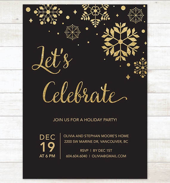 black gold holiday party invitation printable snowflakes black