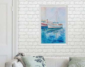 Ship In Blue Sea Watercolor Painting Watercolor Original // 27 × 39 cm