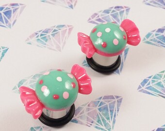 Plugs Gauges - Teal Kawaii Candy Plugs - 4ga (5mm), 2ga (6mm), 0ga (8mm), 00ga (10mm)