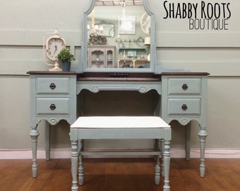SOLD- Antique vanity set- duck egg blue with stained wood top