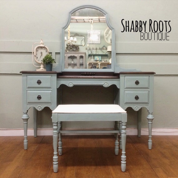 SOLD Antique Vanity Set Duck Egg Blue With Stained Wood Top - SOLD Antique Vanity Set Duck Egg Blue With Stained Wood Top