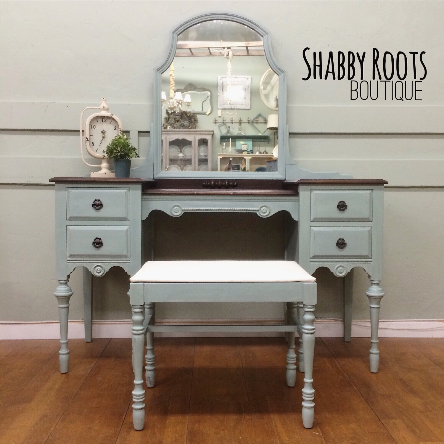 SOLD Antique Vanity Set Duck Egg Blue With Stained Wood Top ๐zoom - SOLD Antique Vanity Set Duck Egg Blue With Stained Wood Top