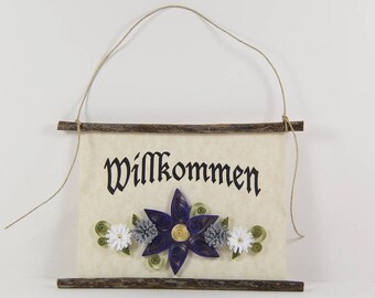 Willkommen, German Welcome, Paper Quilled German Welcome Sign, 3D Quilled Banner, Paper Flower Decor, Purple Grey White Decor, Germany Gift
