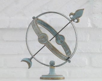 Verdigris Brass Armillary Sundial, Fleur-de-Lis Celestial Design and Roman Numeral Sphere Sundial, Weathered Garden Patio Sphere Decor