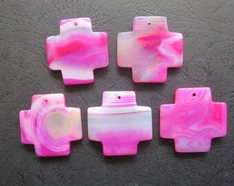 AS PICTURED- 5pcs Large Pink Stripe Agate Cross Pendant 42x42mm- top drilled