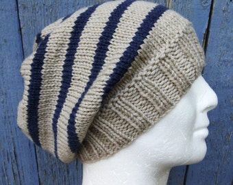 KNITTING PATTERN/CAMPUS Mans Striped Slouch Hat / Mans Striped Beanie Pattern/ Striped Hat Pattern/ Mans Striped Hat Toque Aran /Knit Round