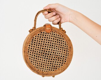 Round Rattan Crossbody Bag Personalized Leather Hand-bag Crossbody Customised Personalised Circle Travel Holiday Luxury Ata Black Lining