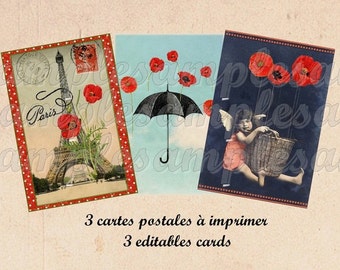 4 Cards Tag - Digital card tag, ACEO poppy, vintage postcard, scrapbooking, digital collage sheet
