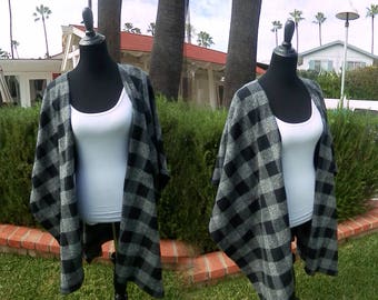Plaid Poncho, Boho Poncho, Women Poncho, Women Wrap, Shawl, Boho Chic Poncho, Ponchos, Cape--Black and Gray Plaid Poncho