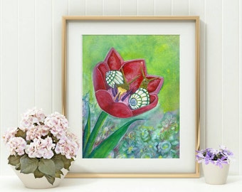 Oracle Deck Art - Snail Print - Snail Art - Watercolor Snails Print - Tulip Art - Watercolor Print - Snail Illustration - Nature Painting