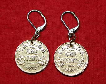 1927 Earrings made with canadian pennies from 1927