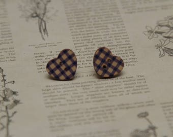 Blue checked gingham wooden love heart silver stud earrings