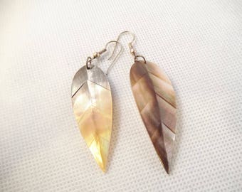 Mother of Pearl, MOP, Shell Pierced Earrings, Feather Design