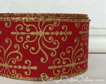 Christmas Wired Ribbon, 2 1/4", Red with Metallic Gold, Faux Linen - TWENTY FIVE YARD Roll - Offray "Palmyra Red" Wire Edged Ribbon